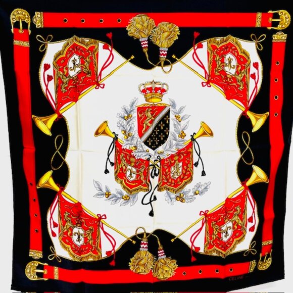 Unused Celine Paris 100% Silk Scarf Satin 34" Beige Black Red Prumpet Bow  (37 - Picture 14 of 16